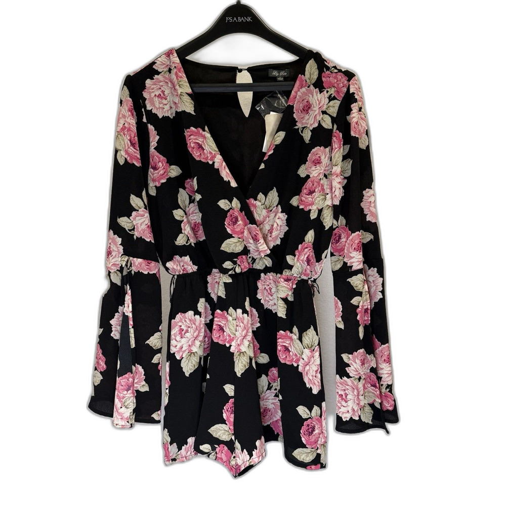 Lily Rose Floral Romper Womens Size M Black Pink Belted V-Neck Bell Sleeve